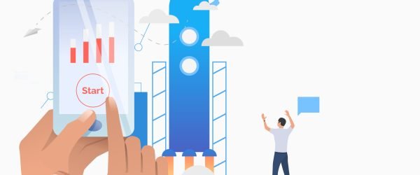 Hands holding smartphone with bar chart on screen, rocket. Start, financial growth metaphor concept. Vector illustration can be used for topics like business, technology, startup